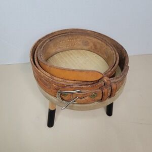 Vintage Tooled Leather Belt Western Cowboy Buckle Brown Unisex Length 54"